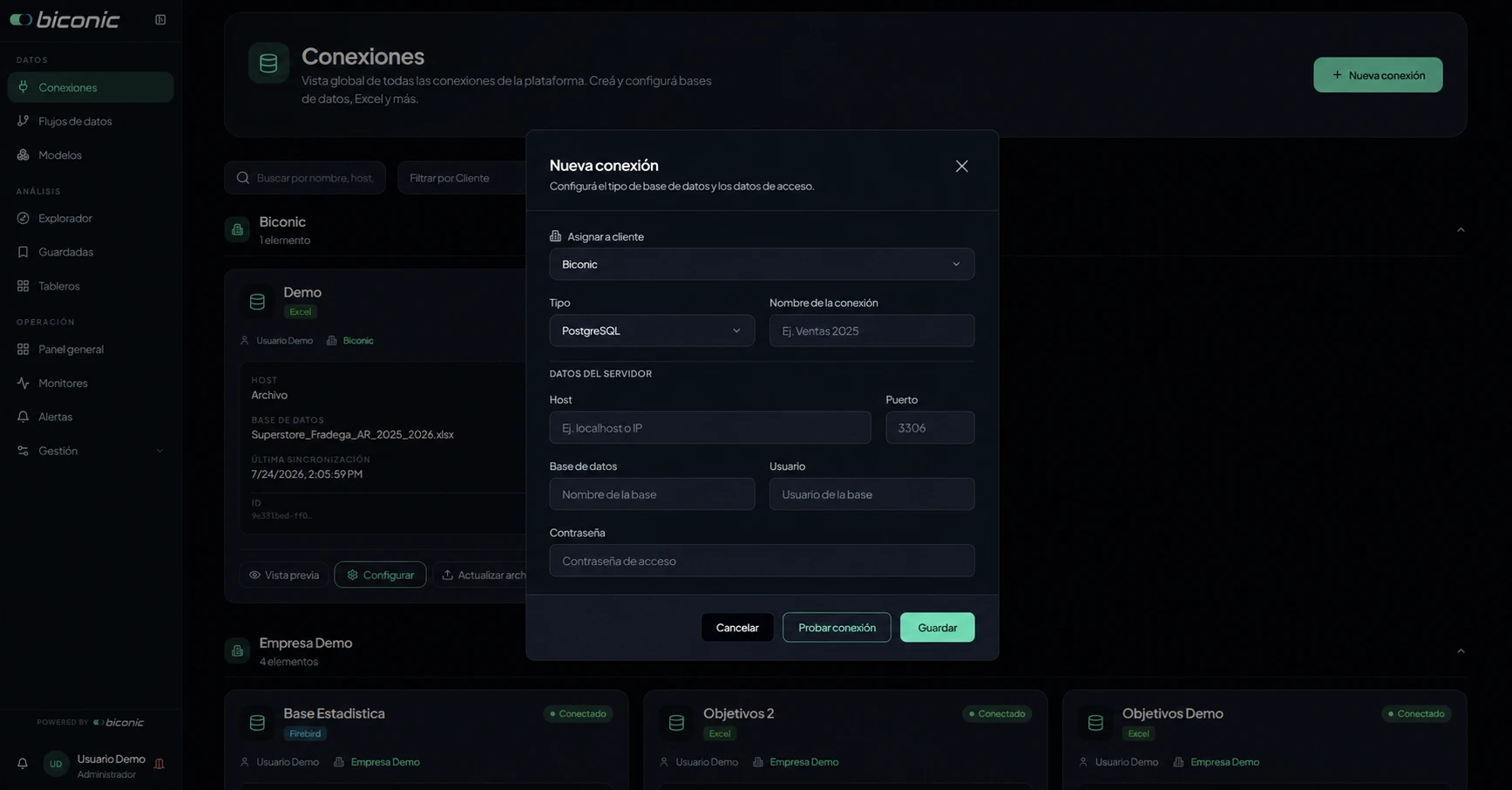 Pantalla de nueva conexión de datos en BIpartner